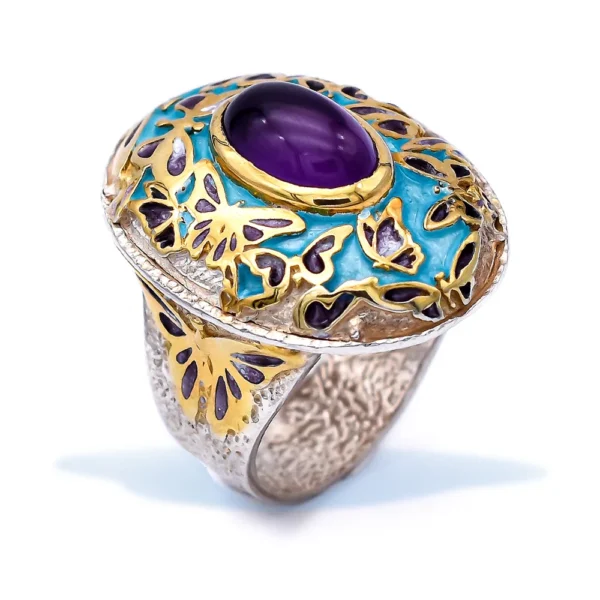 Ασημένιο δαχτυλίδι γαλάζιο τιρκουάζ σμάλτο πεταλούδες κι αμέθυστο
