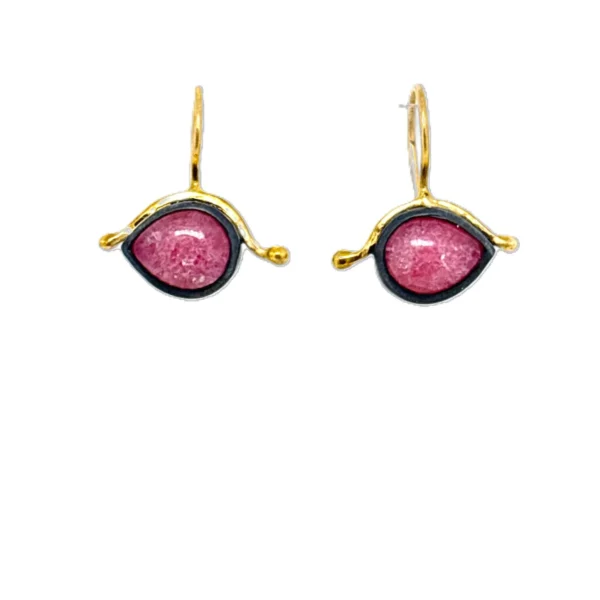 Χειροποίητα σκουλαρίκια με οξειδωμένο ασήμι, ροδονίτη και χρυσό