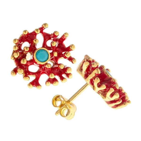 Ασημένια επίχρυσα σκουλαρίκια κοράλλι από σμάλτο και τιρκουάζ