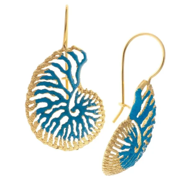 Ασημένια επίχρυσα σκουλαρίκια σε σχήμα αμμωνίτη με σμάλτο μπλε