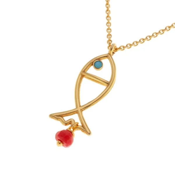 Ασημένιο επίχρυσο κολιέ ψάρι με τιρκουάζ και κοράλλι