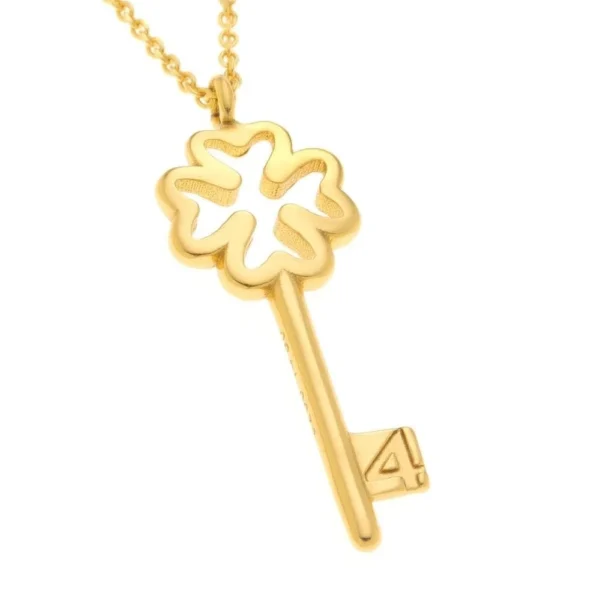 Ασημένιο επίχρυσο κολιέ κλειδί τετράφυλλο τριφύλλι