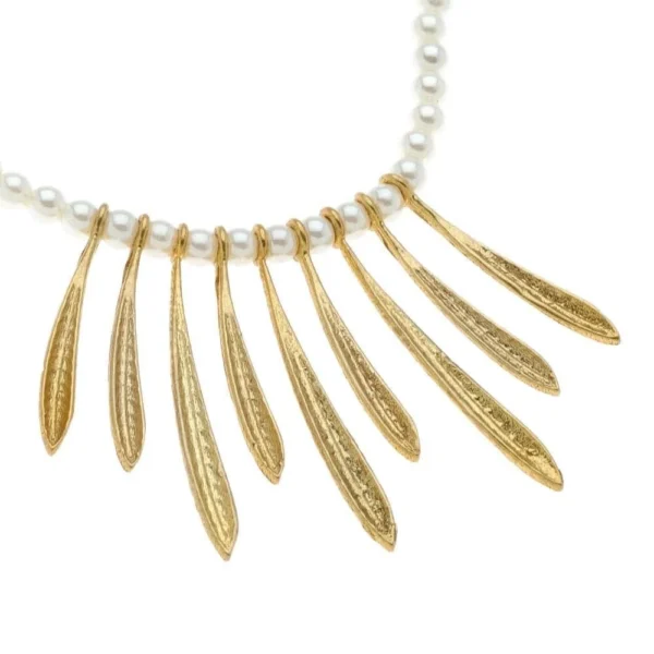 Ασημένιο κολιέ με επιχρυσωμένα φύλλα και μικρές πέρλες