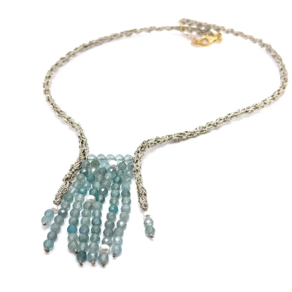 Χειροποίητο κολιέ ασημένιο επιχρυσωμένο νήμα αμαζονίτης πέρλες