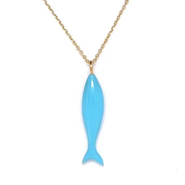 Χειροποίητο ασημένιο κολιέ επίχρυση αλυσίδα ψάρι γαλάζιο σμάλτο