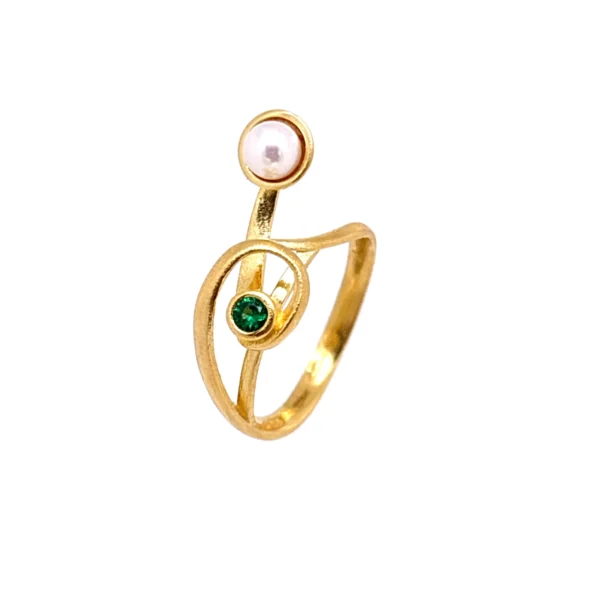 Χειροποίητο ασημένιο επίχρυσο δαχτυλίδι πέρλα πράσινος κρύσταλλος