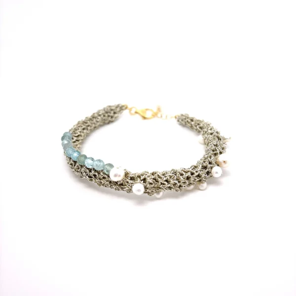 Χειροποίητο βραχιόλι ασημένιο επιχρυσωμένο νήμα αμαζονίτης πέρλες
