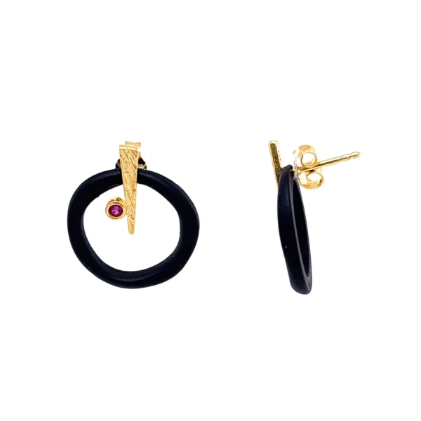 Ασημένια επίχρυσα σκουλαρίκια κύκλος οξείδωση κόκκινος κρύσταλλος