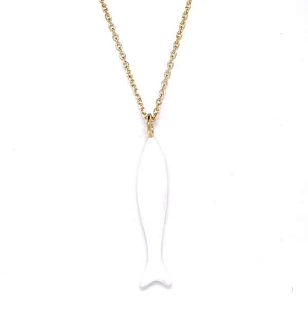 Χειροποίητο ασημένιο κολιέ επίχρυση αλυσίδα ψάρι λευκό σμάλτο