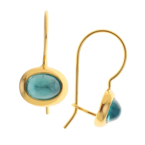 Ασημένια επίχρυσα κρεμαστά σκουλαρίκια οβάλ γαλάζιο κρύσταλλο