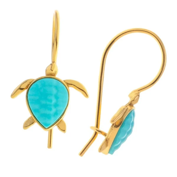 Ασημένια επιχρυσωμένα κρεμαστά σκουλαρίκια χελώνα γαλάζιο σμάλτο