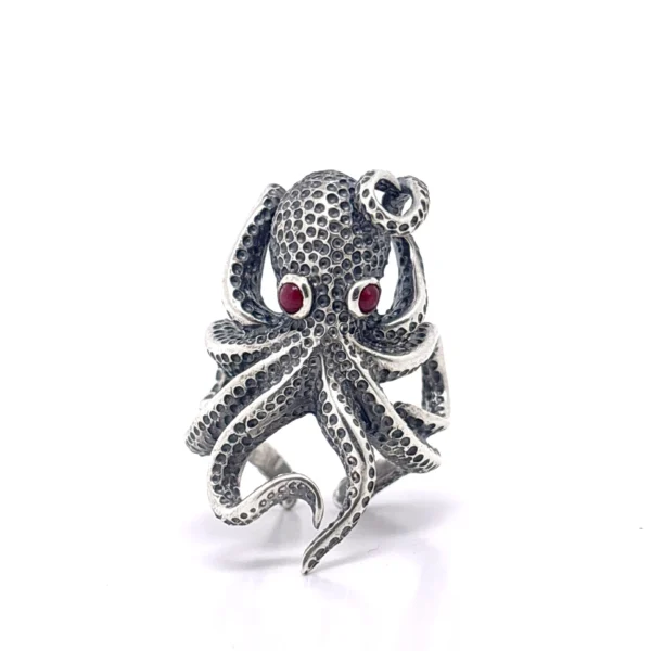 Χειροποίητο ασημένιο οξειδωμένο δαχτυλίδι μεγάλο χταπόδι γρανάδα