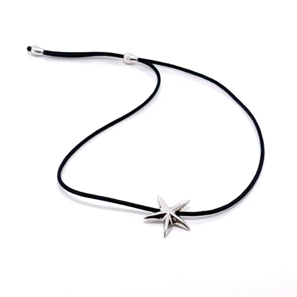 Χειροποίητο ασημένιο βραχιόλι αστερίας με μαύρο σχοινί